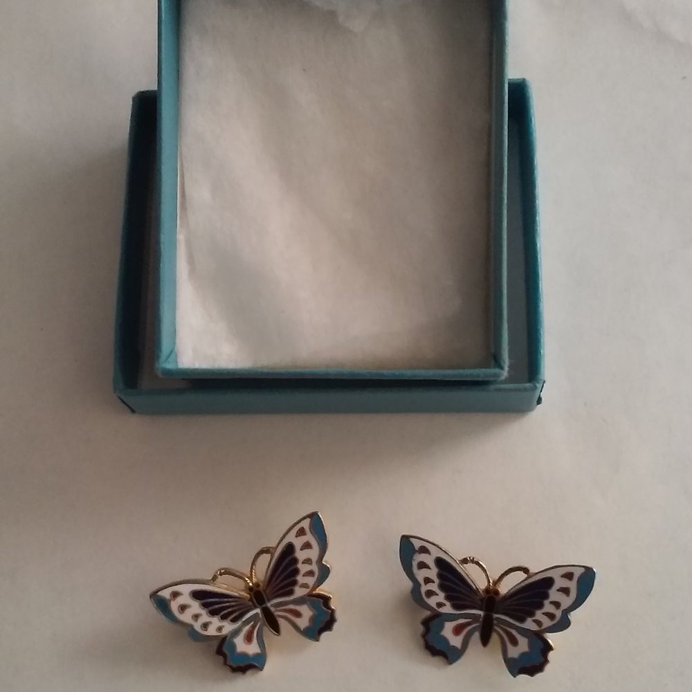 2 BUtterfly Pins 2 Shades Of Blue White Burgundy Gold 1 1/8" W 3/4" H In Box